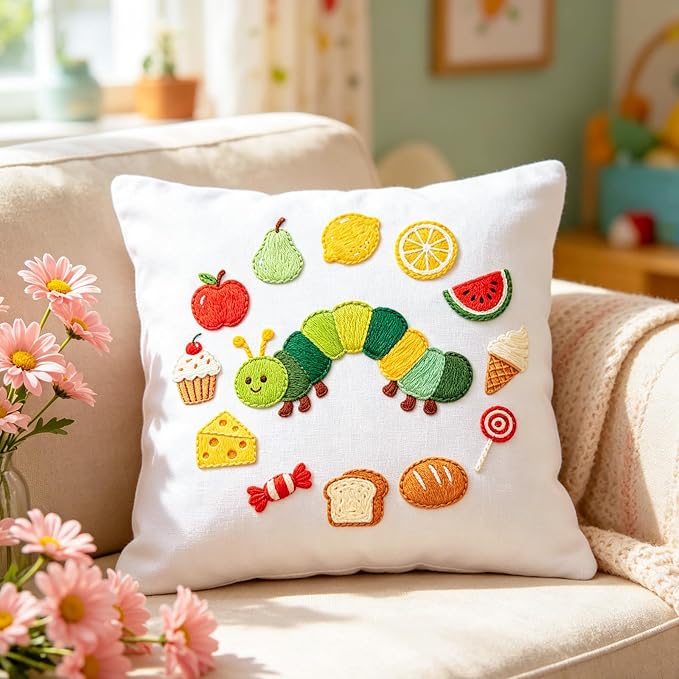 BEUNITONE 4 Set Embroidery Kits for Beginners with Easy Caterpillar Pattern, DIY Craft Kits Include Instructions and 2 Embroidery Hoops, Cross Stitch Needlepoint Kits for Craft Lover and Home Decor