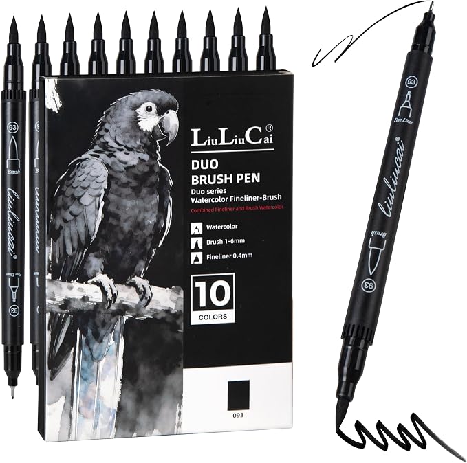 LIULIUCAI 10 Black Dual Tip Markers, Fine & Brush Tip Pens for Coloring