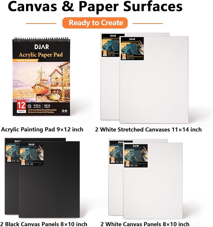 DJAR 49 Pcs Acrylic Paint Set with Tabletop Easel & Canvas, 24 Colors | Complete Art Supplies Kit with Canvas Panels, Brushes and Painting Pads, Painting Set for Kids, Beginners, Adults and artists