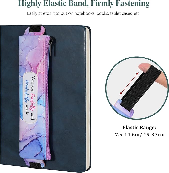 MoKo Elastic Pen Holder for Notebook, 4 Pack PU Leather Pouches, Marble