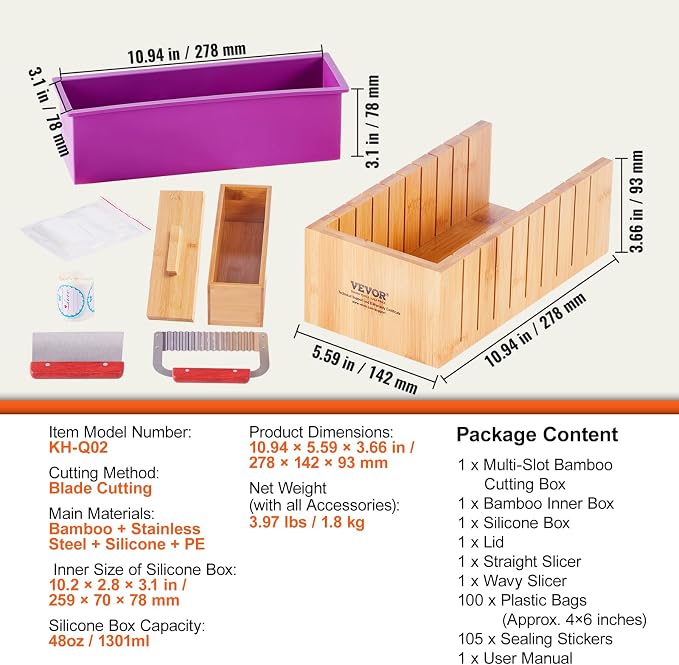 VEVOR Soap Making Kit, Bamboo Cutting Box and Inner Box with Silicone Mold, Stainless Steel Straight Cutter and Wavy Cutter, 100 Bags and 105 Stickers, Soap Making Supplies DIY Kits for Adults