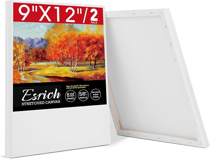 ESRICH Stretched Canvas for Painting, 2 Pack 9x12 Inch Canvas Value Pack,Primed Acid-Free Cotton Blank Canvases, Painting Canvas for Oil & Acrylic Paint.
