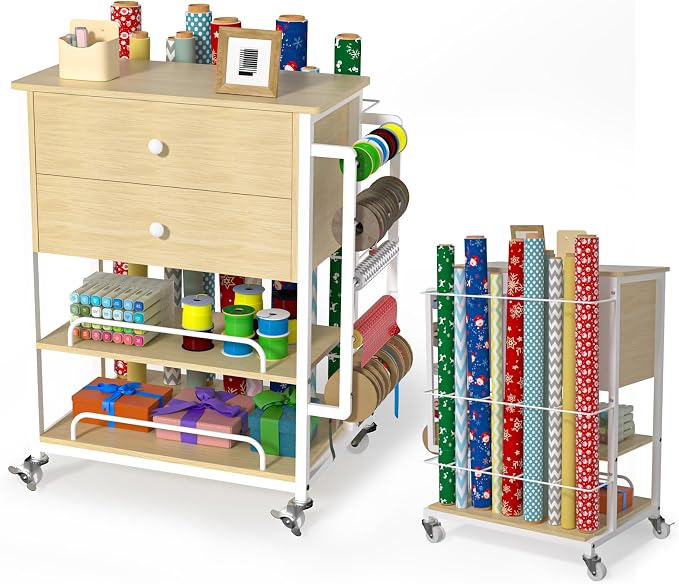 Wrapping Paper Storage & Organizer, Craft Cart with Ribbon & Gift Bag Storage, Wrapping Paper Organizer Holder(2 Wooden Drawers-Oak)