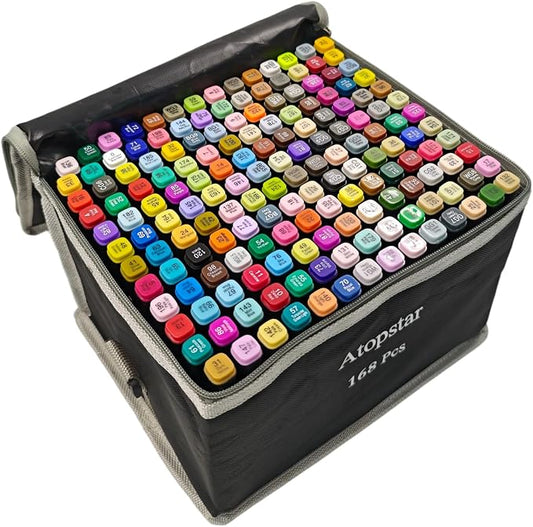 ATOPSTAR 168 Colors Alcohol Markers Artist Drawing Dual Tip Marker Pen for Adult Coloring Painting Supplies Perfect for Kids Boys Girls Students Adult(168 Black Shell)