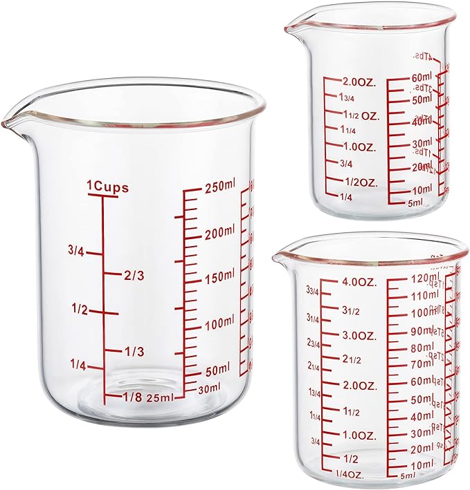 Ackers BORO3.3 Glass Measuring Cups with Spouts, 3-Piece Set, 60/120/250 ml