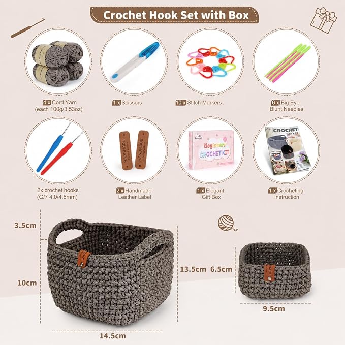 27PCS Crochet Basket Kit for Beginners,Camel Square Basket,Gift Box Package