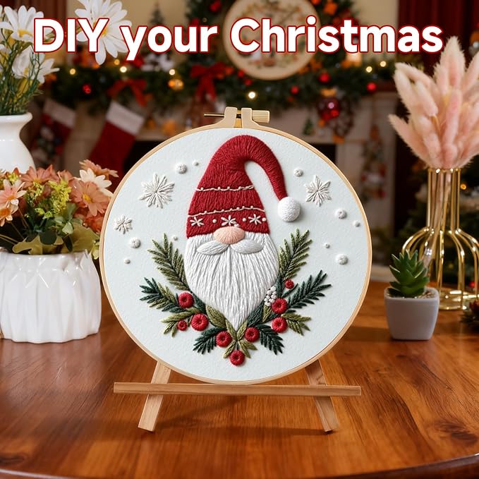 BBLYBD Christmas Embroidery Kit, 4 Set Embroidery DIY Starter Kit, Cross Stitch Kits with Pre-Printed Embroidery Fabric, Hoops, Step-by-Step Instructions, Color Threads & Needles (Christmas-4 Set)