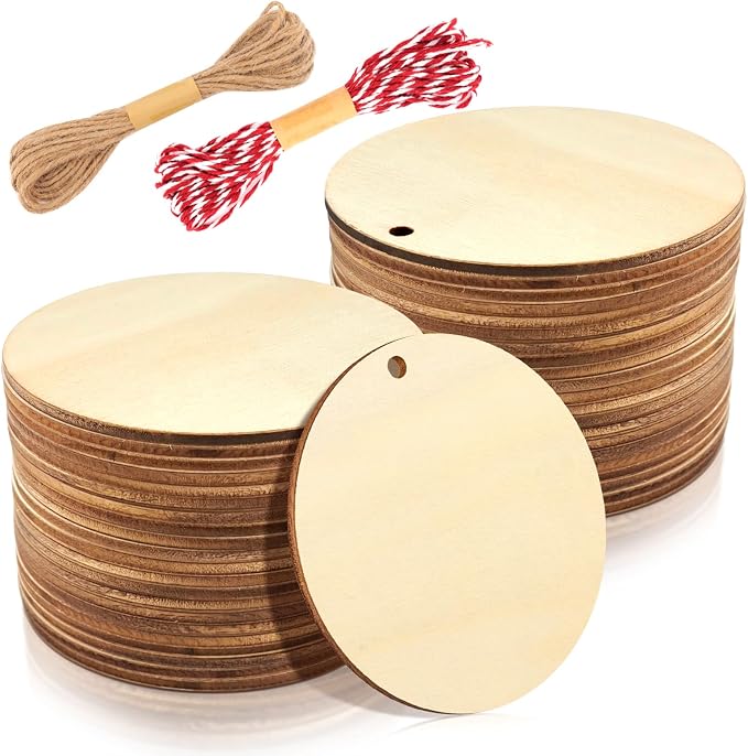 FSWCCK 50 PCS 3 Inch Wood Circles for Crafts – Round Blank Discs with Holes, Unfinished Wooden Cutouts for DIY, Painting, Staining, Coasters,Laser Engraving Sign Blanks, Ornament (3inch-50 Pack)