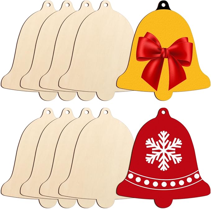 Large Size 7 inch Wooden Christmas Ornaments to Paint 10PCS, DIY Blank Bell Cutouts Unfinished Wood Ornament for Crafts Hanging Christmas Decorations, Wood Discs Ornament for Home Autumn Winter