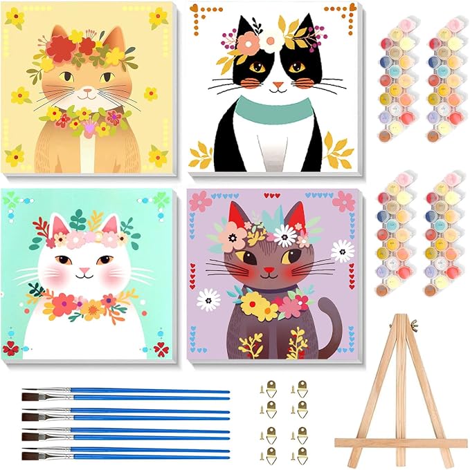 4 Pack Cat Paint by Number for Kids with Wooden Frame - Wooden Easel | Paint by Numbers for Kids Cats Ages 4-8-12, Easy Cat DIY Acrylic Oil Painting Kits for Home Wall Decor (8X8 inch)