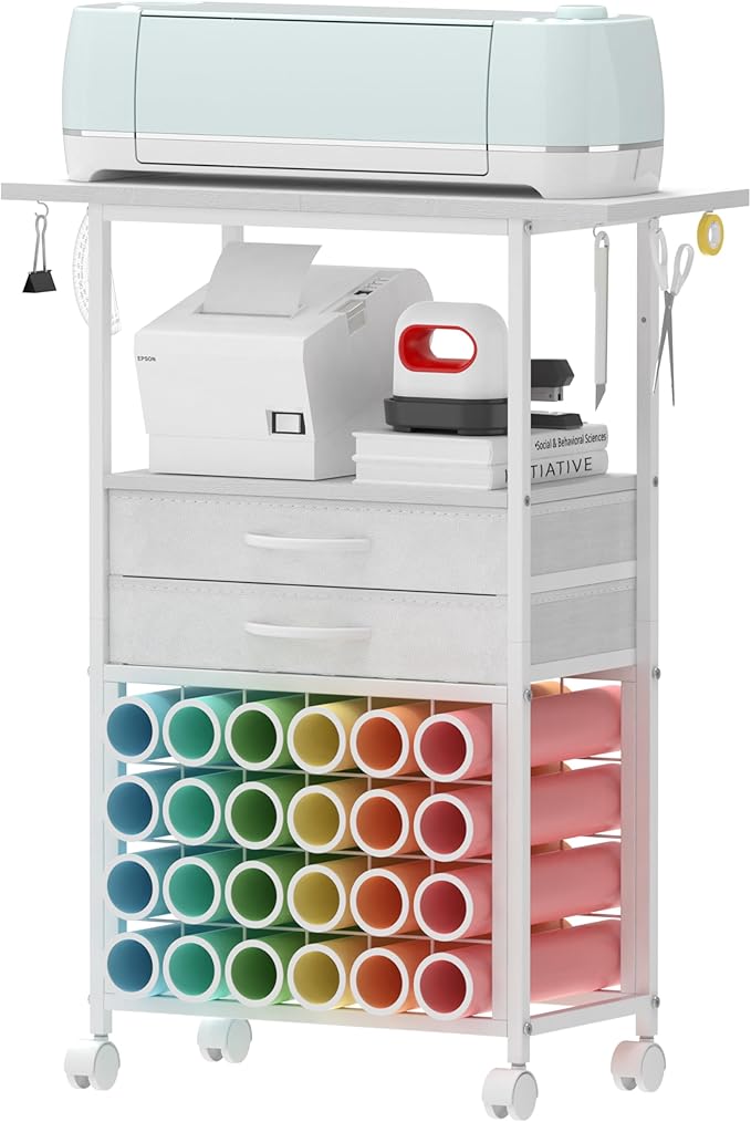 VENNQD Organizer and Storage Stand Compatible with Cricut Machines,Rolling Storage Cart/Shelf with 24 Vinyl Roll Holders，2 Fabric Drawer,Accessories Holder,Tool Hook for Craft Room Home (white)