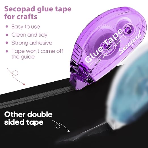 Secopad Scrapbook Tape, 12 Pack Glue Tape, Bright-Colored Shell | 0.3IN x 26FT, Sticky & Safe, Double Sided Tape for Crafts, Scrapbooking Junk Journaling Supplies, For School Office Teachers