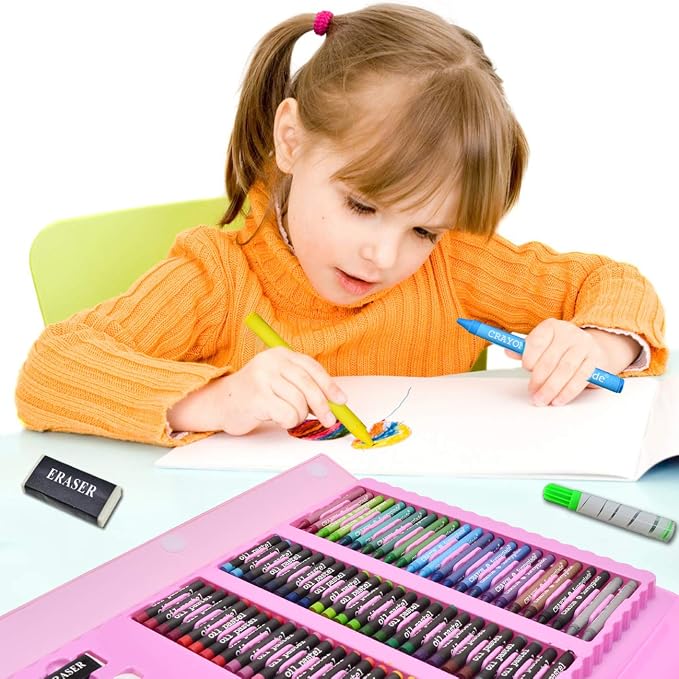 Sunnyglade 185 Pieces Double Sided Trifold Easel Art Set Art Supplies Pink | Art Kit Drawing Art Box with Oil Pastels, Crayons, Colored Pencils, Markers, Paint Brush, Watercolor Cakes, Sketch Pad