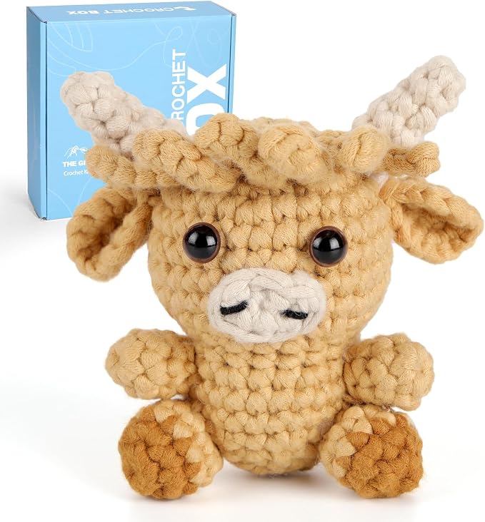 CrochetBox Crochet Kit for Beginners, Highland Cow Easy Animals Starter Set for Adults and Teen (), Knitting Kit with Yarn, Hook, Video Tutorial(30%+ Yarn)