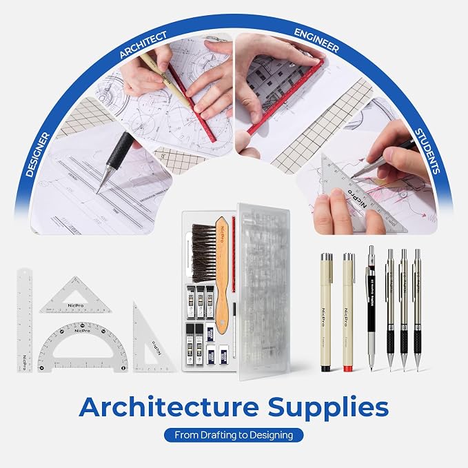 Nicpro 30PCS Professional Drafting Tools & Geometry Set with Case | Architect Protractor Set, Metal Mechanical Pencil Pen, Scale Metal Ruler, 5 Drawing Templates for Interior Design House Plan