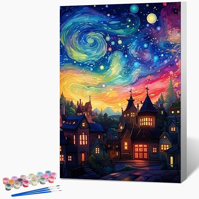 Framed Paint by Numbers Kit for Adults Beginner & Kids Ages 8-12, Starry Night Paint by Number with Frame, Acrylic Abstract Landscape Painting by Numbers Kit on Canvas 8x12 inch for Home Wall Decor