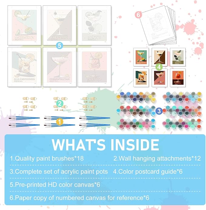 Offito 6 Pack Paint by Numbers Kit for Adults, Retro Cocktail, 8x10 Inch | Acrylic Vintage Drink Number Painting, DIY Canvas Art Craft Kit for Beginner, Home Decor, Stress Relief Relaxing Hobby Gift