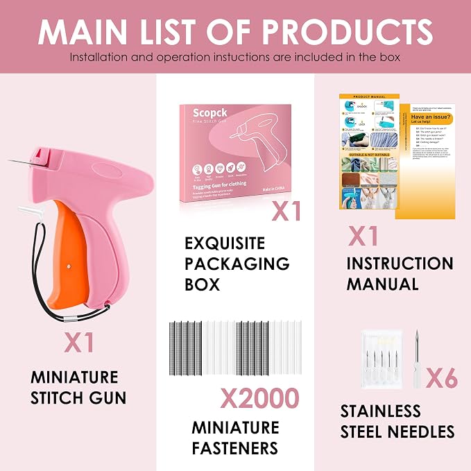 Stitch Gun for Clothes - Handheld Stitch Gun Quick Clothing Fixer - Tagging Gun - Includes 6 Needle, 1000 Black Fasteners & 1000 White Fasteners