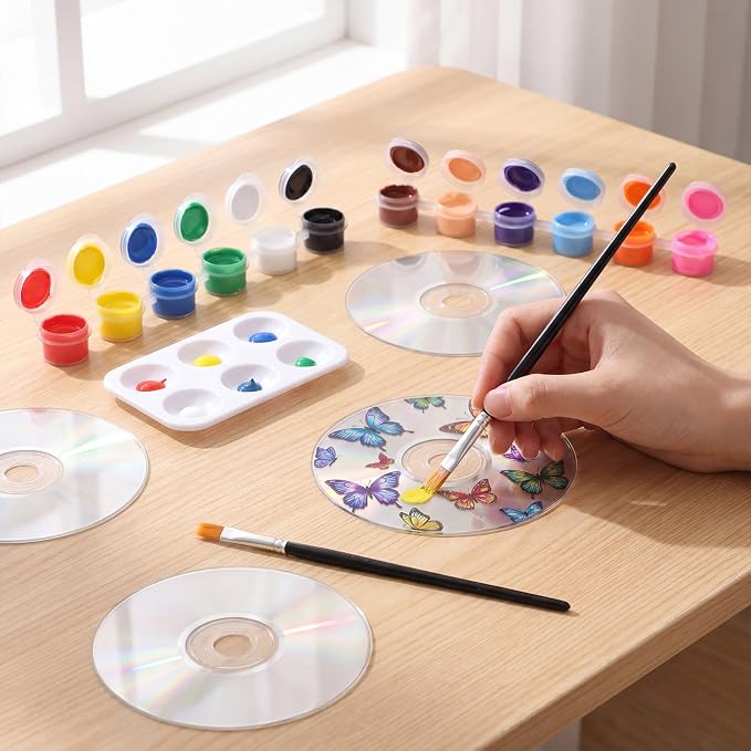 Sabary 29 Pcs DIY CD Painting Kit Painting Gift Include 24 Pcs 4.72'' Blank Cds 12 Colors Acrylic Paint with 2 Brushes Ideal for CD Art Craft Kit for Creative Projects Home Decor Activities (Clear)