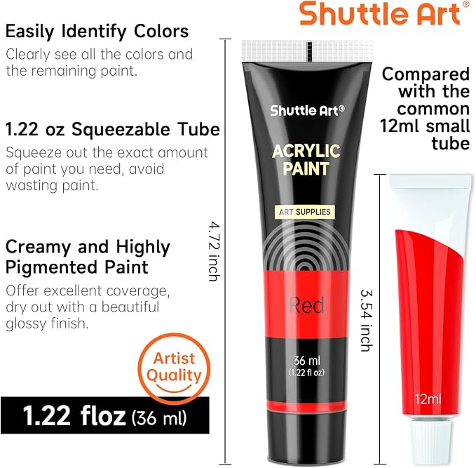 Shuttle Art 30 Colors Acrylic Paint Set, 36ml Tubes with 3 Brushes, Artist Grade Acrylic Paint, for Kids Adults Beginners, Painting on Crafts Canvas Wood Rocks