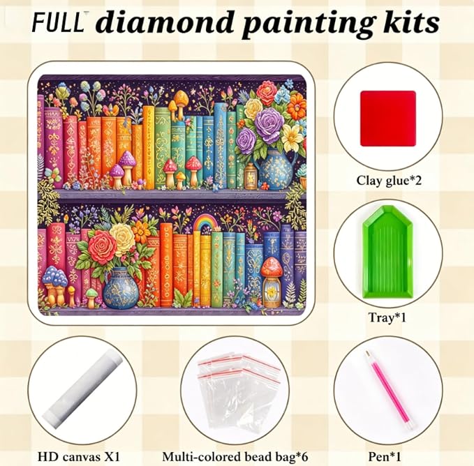 5D Diamond Painting Kit for Adults, Book FlowerDiamond Art Kits 12x16In | Full Round Drill Bookshelf Gem Painting Paint by Diamonds Relaxing DIY Craft for Home Wall Decor