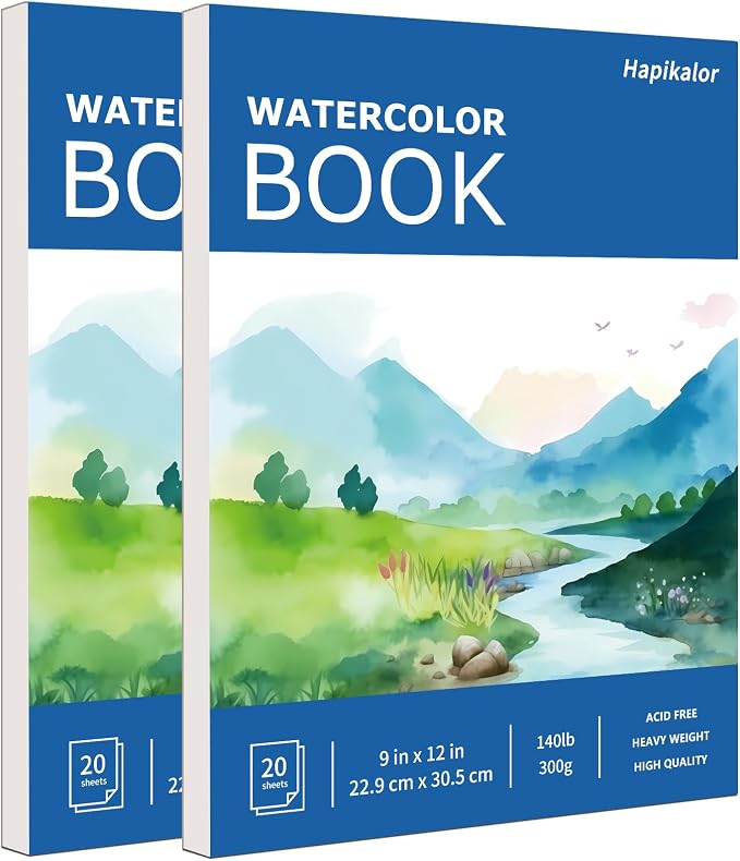 Hapikalor 2-Pack 9"x12" Watercolor Paper, 140lb/300g Water Color Paper Blue | Artist Painting Drawing Paper Book, Art Supplies for Adults Kids, Watercolors, Watercolor Paint Set, Sketchbook, Journal