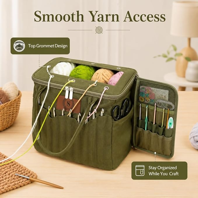 Canvas Yarn Storage Bag with Personalized Name Leather Patch, Large Canvas Yarn Bag for Crochet and Knitting, Crochet Organizer with Multiple Pockets & Yarn Holes, Birthday Gift for Mom Grandma