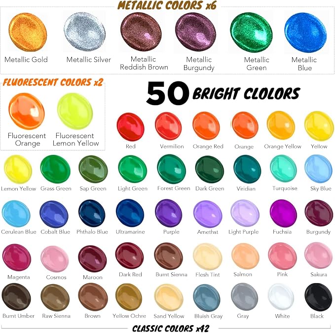 Halobios Acrylic Paint Set 50 Colors(2 fl oz/60 ml), Premium Acrylic Paints for Kids & Adults, With Fluorescent Colors & Metallic Colors for Painting, Drawing & Art Supplies, DIY Arts and Crafts