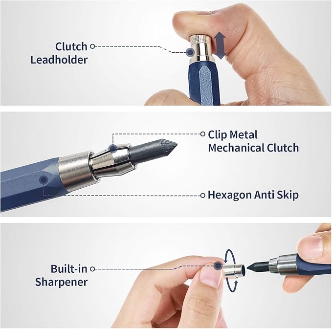 5.6mm Mechanical Pencil Lead Holder with Clip Metal Mechanical Clutch with Built-in Sharpener Automatic Graphite Pencil Lead Pencil For Construction, Draft Drawing, Crafting, Art Sketching