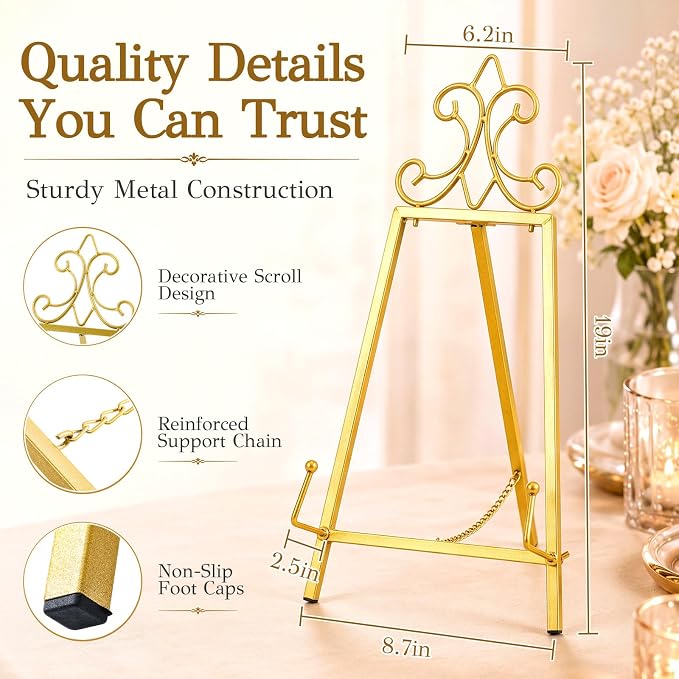 Pinkunn 19.1" H x 8.6" W Vintage Gold Metal Tabletop Easel Stand for Sign Display, Picture Holder for Wedding Table Decorations Art Stand for Painting Photos Books and Decorative Plates Pretty Easel
