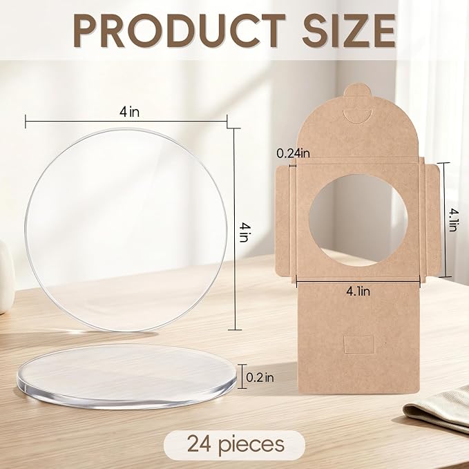 24 Pcs Clear Acrylic Coasters, Round Drink Coasters with Kraft Paper Boxes Reusable Coffee Cup Coaster Coaster Transparent Circle Blanks for DIY Crafts, Table Decorations, Wedding Party Favors