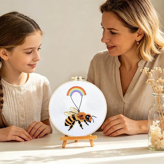 Crafmanoe Cute Bees Embroidery Kits for Beginners Adults, Hand Embroidery Starters Kits, Stamped Cross Stitch Kits DIY Needlepoint Kits for Beginners Adults, Embroidery Hoop, Thread and Video Tutorial