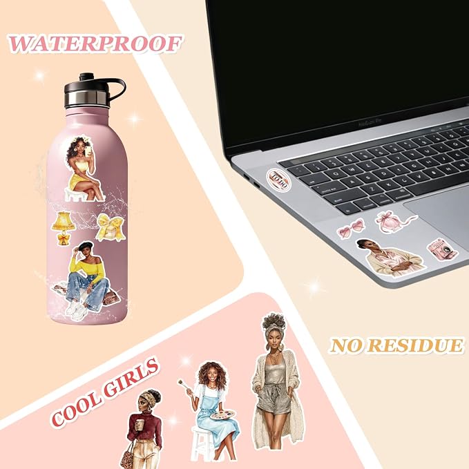 Black Girl Sticker Book, 400+ Vintage Scrapbook Stickers for Black Teen Girls & Women, 30 Pages of Waterproof Vinyl Aesthetic Decals Motivational Quotes for Journaling Planner, Scrapbooking, Laptop