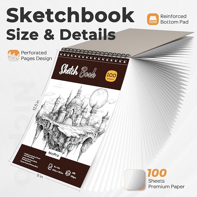 Nicpro 52PCS Art Drawing Supplies Kit for Artist Adults Sketching | Metal Mechanical Pencil Set 0.5, 0.7, 0.9 & 2mm, 9x12 Sketch Book, 12 Fineliner Pens, 288 Leads, School Supplies Drawing Kit