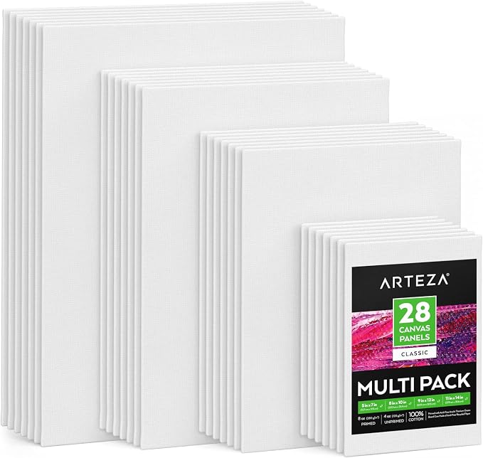 ARTEZA Canvas Panels Multi-Pack, 28 Blank Canvas Boards, 5 x 7, 8 x 10, 9 x 12 and 11 x 14 in, 100% Cotton Pre-Primed Painting Canvases for Acrylic, Oil, Gouache, Pouring, and Crafts