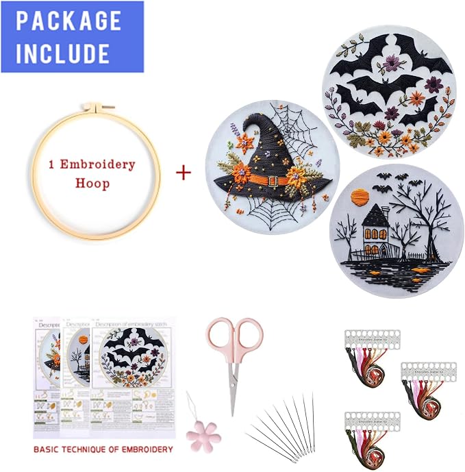 LB Black and White Halloween Embroidery Kit for Beginner Adults