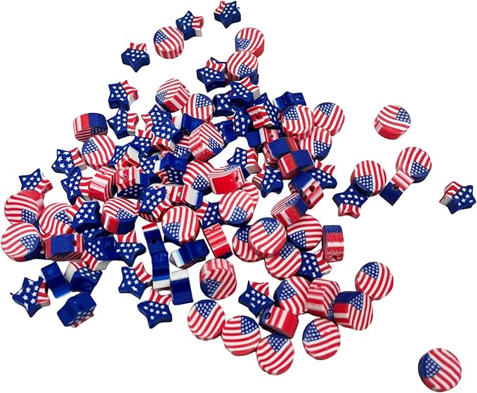 100 Pcs Patriotic Polymer Clay Beads 4th of July Mixed Heishi Spacer Beads Supplies for DIY Bracelet Earring Necklace Jewelry Making (American Flag)