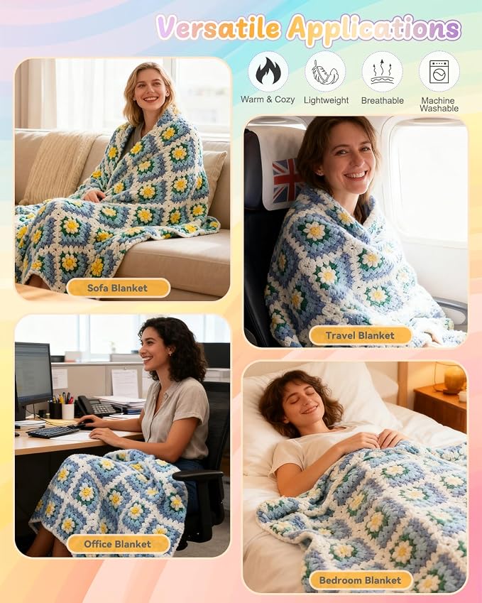 Coopay Crochet Kit for Beginners, Easy 3D Granny Square Blanket Kit, Blue