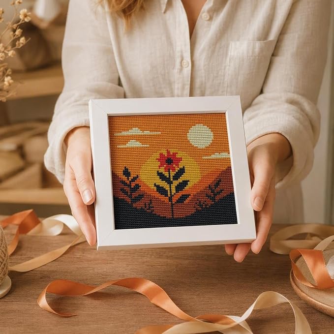 Sunset Floral Landscape Stamped Cross Stitch Kits for Adults with Framed | Flowers Needlepoint Counted Cross Stitch Kits for Beginners Adults with Framed Embroidery Kits Arts and Crafts 6 x 6 inch