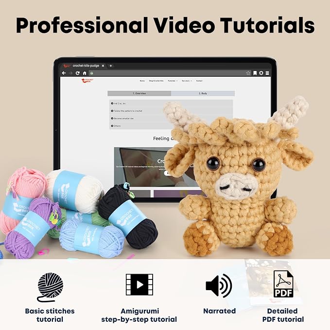 CrochetBox Crochet Kit for Beginners, Highland Cow Easy Animals Starter Set for Adults and Teen (), Knitting Kit with Yarn, Hook, Video Tutorial(30%+ Yarn)