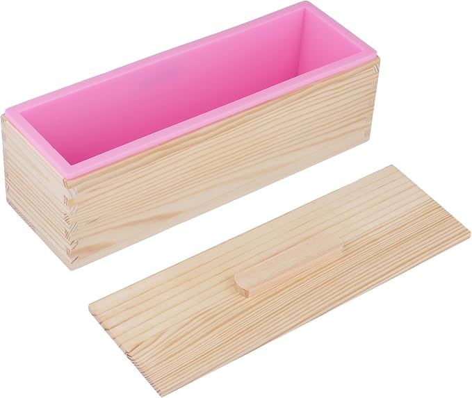 4PCS 42oz Silicone Soap Kit, Pink Rectangular Silicone Loaf Soap Making with 4 Wooden Boxes and 4 Lids, DIY Supplies for Soap Making