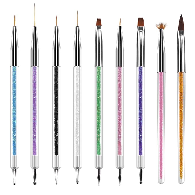 Artdone 9PC Nail Art Brushes Set double-ended, Liner Brush, Dotting Pen, Gel Polish Painting Tools For Nail Art Design