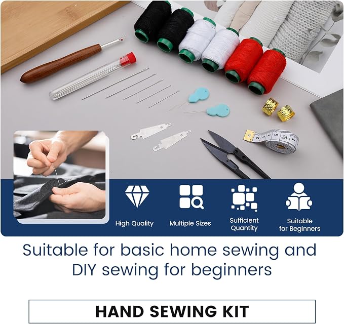 TLKKUE 40 Pcs Sewing Kit, Steel Needles for Hand Sewing with Threads | Sewing Kit for Adults with Sewing Needles Storage Bag Thimbles Seam Rippers for Repair Clothing (Red/White/Black Thread)
