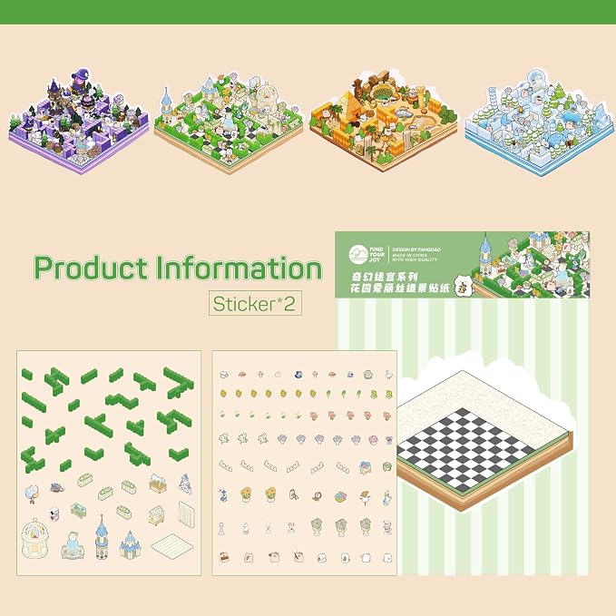 Girls 3D Miniature Scene Stickers,4 Sets Fantasy Maze DIY House Stickers for Alice's Garden, Magic Garden, Desert Adventure, Snow Maze, 3D Sticker Scenes for Adult Kids Relief Stress Pass The Time