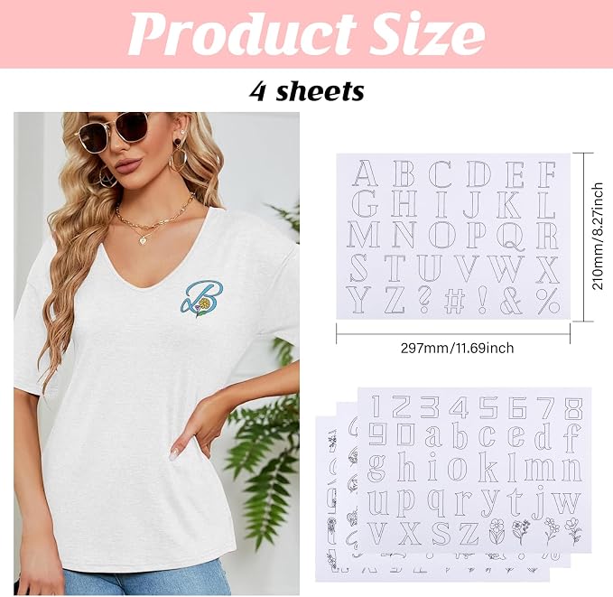 ORIGACH 4 Sheets 143 Pcs Water Soluble Embroidery Patterns Stabilizers - Pre-Printed Letter, Number & Floral Hand Sewing Stabilizers- Stick & Stitch Embroidery Patterns for Hand Sewing Beginner