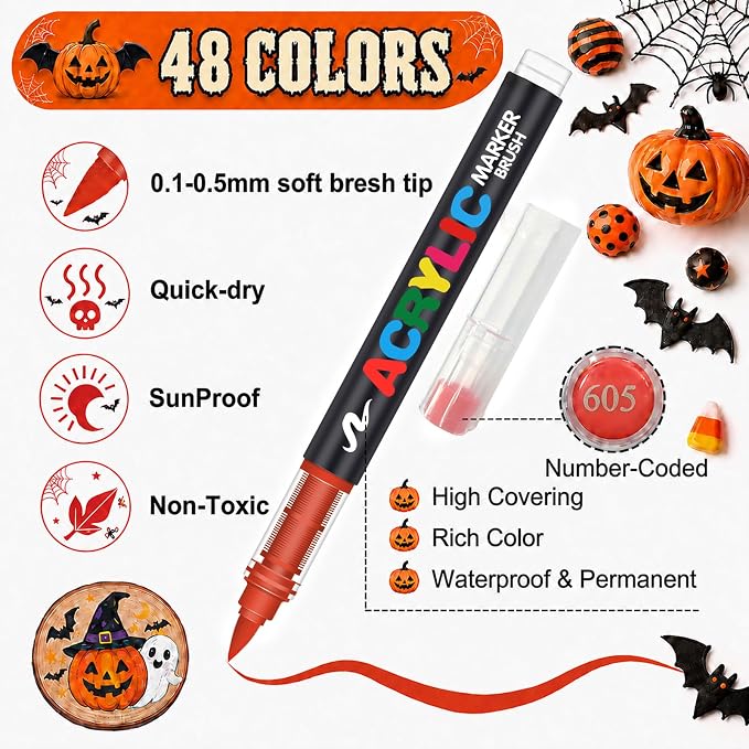 Amamao 48 Colors Soft Brush Tip Acrylic Paint Markers for Wood Rock Canvas