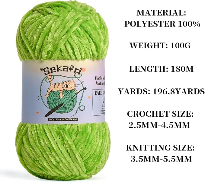 Fuzzy Chenille Yarn for Crocheting, Fluffy Amigurumi Crochet Yarn for DIY Craft/Hat/Shoes, (100g/197yds) Soft Velvet Baby Blanket Yarns（Lime Green）