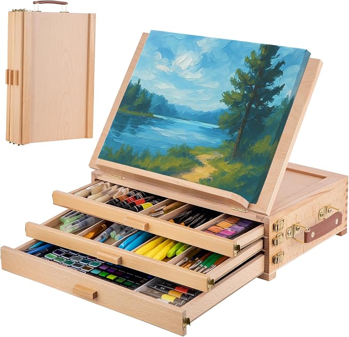 Portable Beechwood Table Easel with 3 Storage Drawers | Desktop Sketch Box Art Easel, Adjustable Tabletop Painting Stand for Teens and Adults