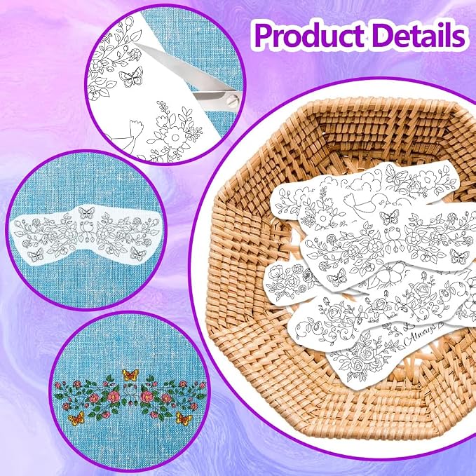 ORIGACH 4 Sheets 16 Pcs Water Soluble Pillowcase Embroidery Patterns Stabilizers - Pre-Printed Floral Vines & Animals Designs - Stick & Stitch Embroidery Paper for Hand Sewing Lovers
