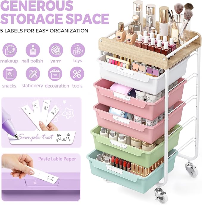 SYKIARIOL Utility Cart with 5 Labeling Drawers and Wooden Tabletop,Purple | Rolling Storage Cart for Crafters, Artists, Kids, Teachers, and Students – Organize Arts, Crafts, Sewing & Study Supplies
